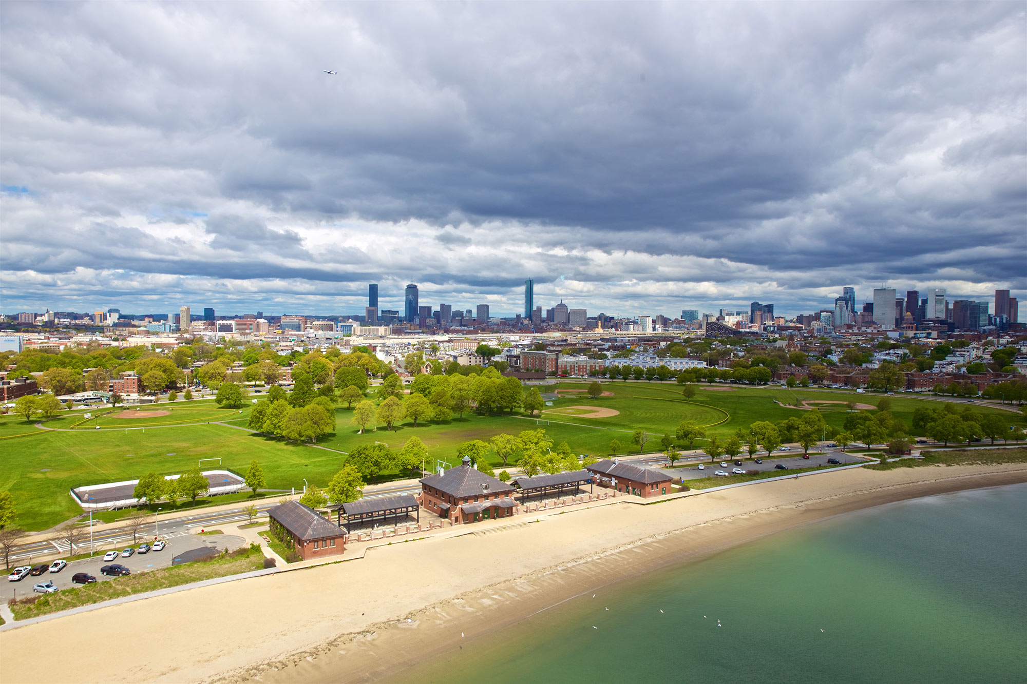 Aerial view of Moakley Park, showing its proximity to Carson beach and the greater Boston area.