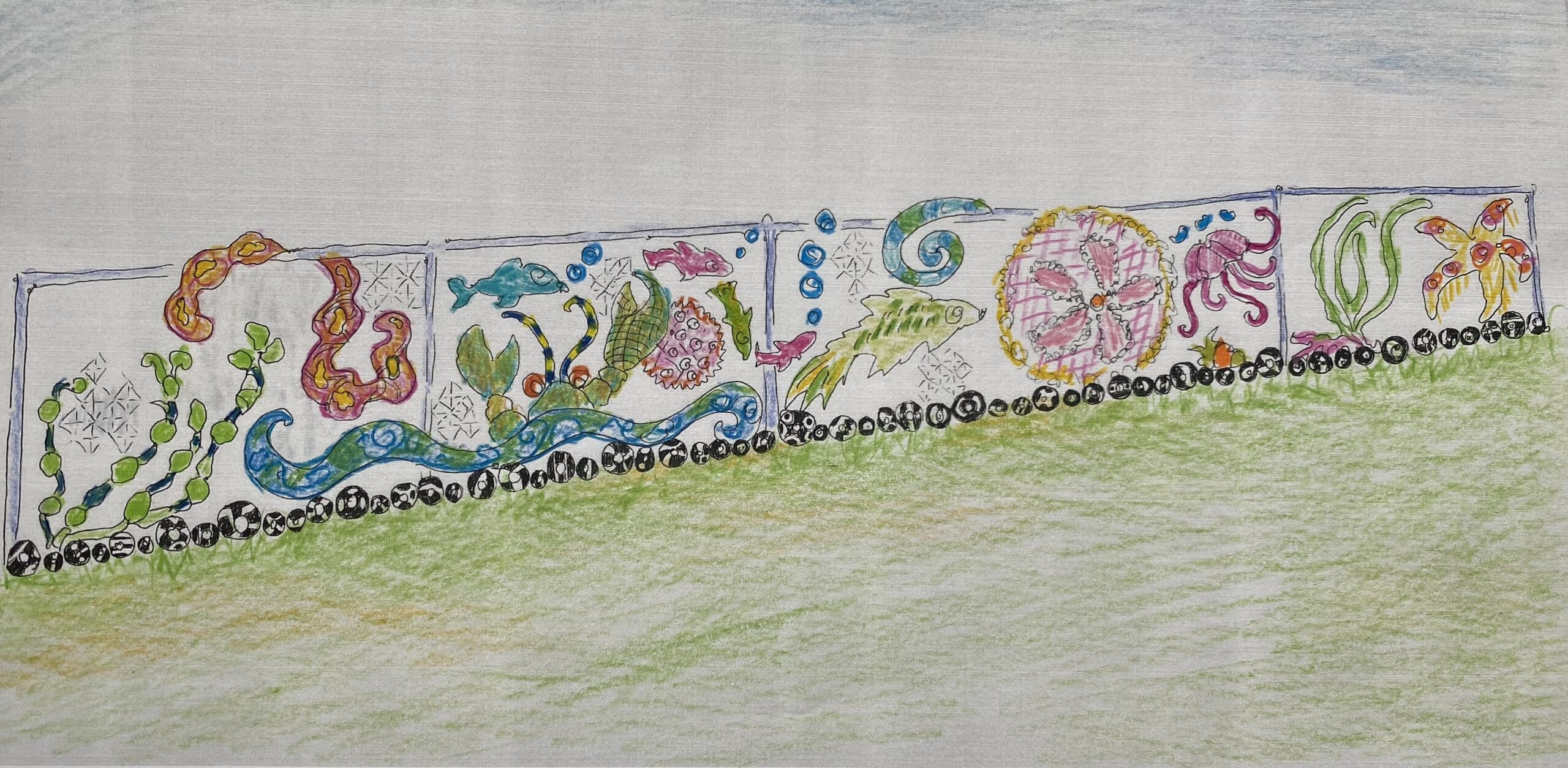 Sketch made with colored pencils shows the plan for the design of the mural.